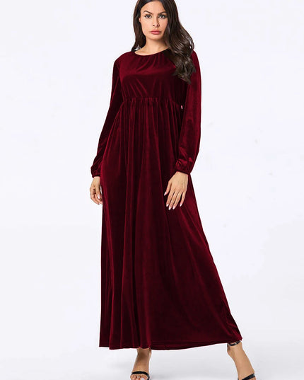 Plus size women's autumn and winter new solid color velvet slim long sleeve swing A-line skirt dress