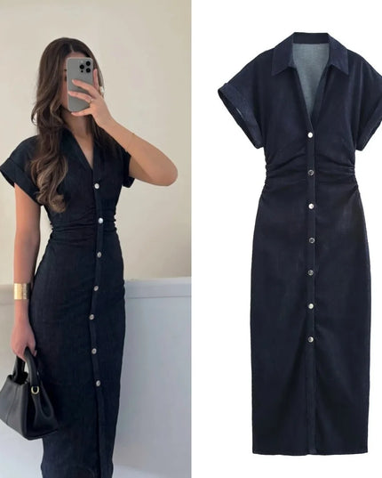 ETJ 2025  Spring New 1975 series denim MIDI dress with lapel side zipper fashion wrinkle waist slim elegant dress