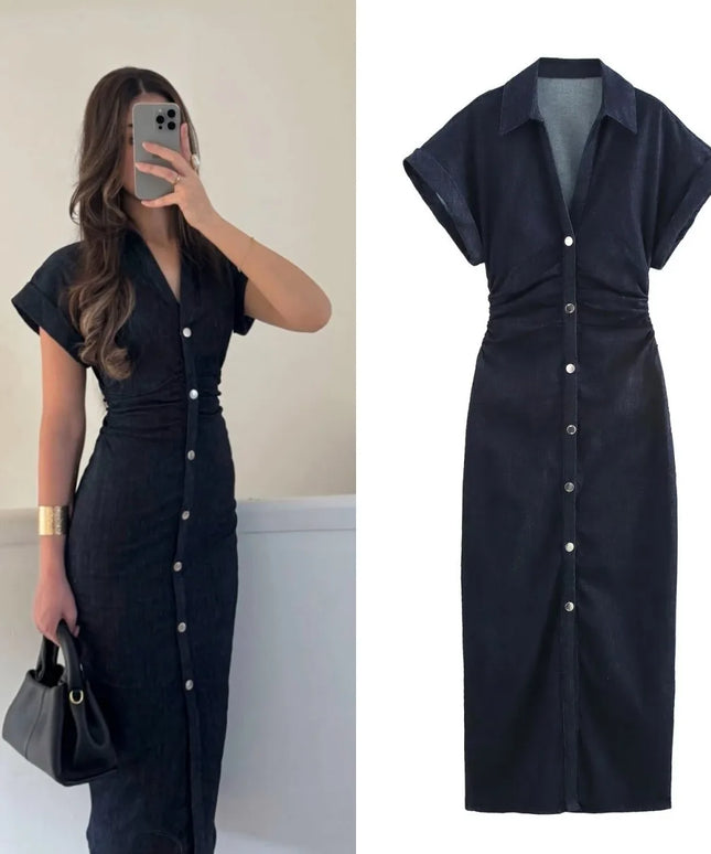 ETJ 2025  Spring New 1975 series denim MIDI dress with lapel side zipper fashion wrinkle waist slim elegant dress