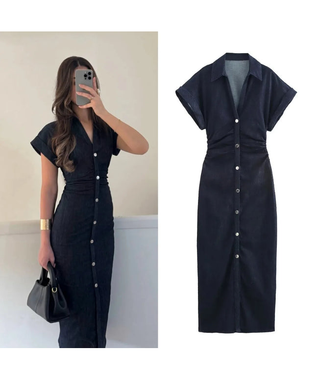 ETJ 2025  Spring New 1975 series denim MIDI dress with lapel side zipper fashion wrinkle waist slim elegant dress