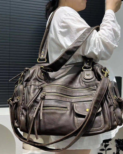 Y2K Hot Girl Single Shoulder Crossbody Bag Vintage Washed Leather Motorcycle Bag Large Capacity Multi Pocket Bag