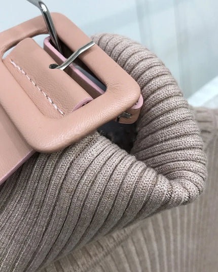 H Han Queen Knitted Turtleneck Sweater Bodycon Dress Bottoming Women Soft Elastic Autumn Winter Midi Party Dresses With Belt