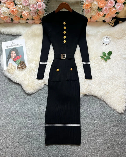 YuooMuoo 2025 Autumn Winter Women Knitted Long Dress Elegant O-neck Buttons Slim Waist Belted Sweater Dress Office Lady Vestidos