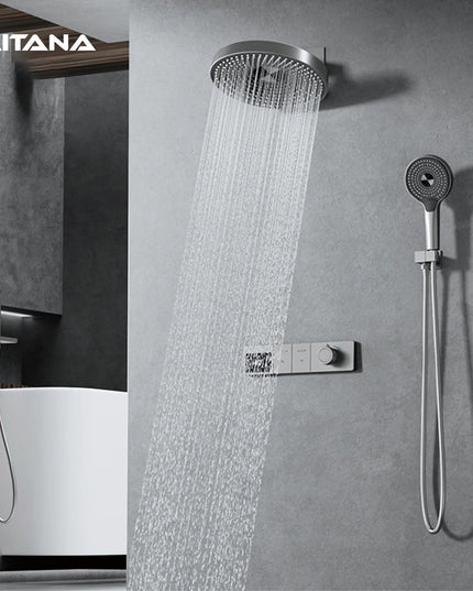 Luxury gun gray brass LED digital display shower system with wall mounted design, simple bathroom faucet for hot and cold water