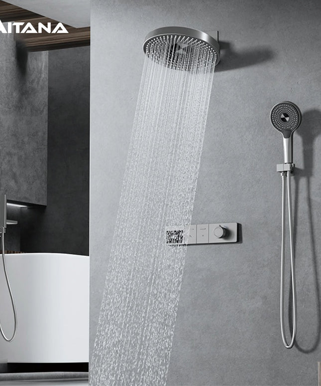 Luxury gun gray brass LED digital display shower system with wall mounted design, simple bathroom faucet for hot and cold water