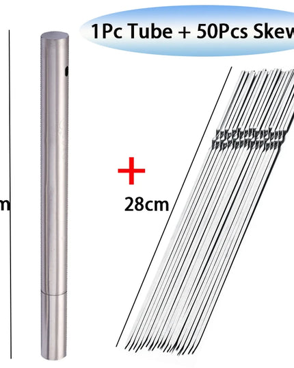 50Pcs Stainless Steel Barbecue Skewer Portable Reusable BBQ Skewers with Tube Kebab Iron Stick for Outdoor Camping Picnic Tools