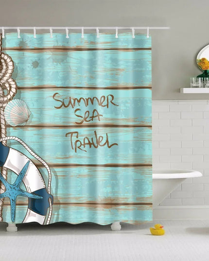 Seaside Scenic Beach Shells Shower Curtains Starfish Conch Blue Board Palm Trees Sunset Nature Scenery Bathroom Curtain Decor