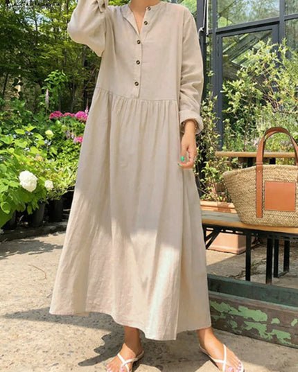 Women's Elegant Solid Cotton Robe Femme 2022 Spring Autumn Bohemian Maxi Dress ZANZEA Casual Long Sleeve Shirt Dresses Oversized
