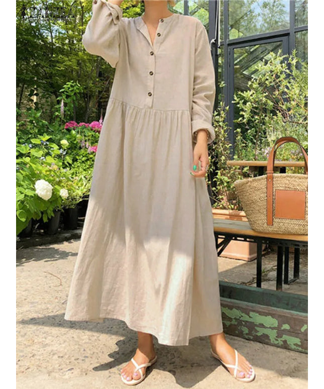 Women's Elegant Solid Cotton Robe Femme 2022 Spring Autumn Bohemian Maxi Dress ZANZEA Casual Long Sleeve Shirt Dresses Oversized