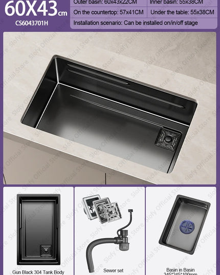 304 Stainless Steel Kitchen Sink Black Single Bowl Thickened Material Wear-Resistant Vegetable Workstation Drainage Accessories