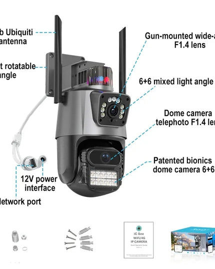 PTZ Camera Outdoor 3MP 4K HD Dual Lens Dual Screens WiFi Security IP Camera Auto Tracking Wirelss CCTV Surveillance Camera