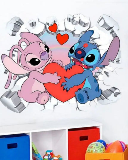 3D Broken Wall Lilo & Stitch Wall Stickers For Kid's Room Kindergarten Living Room Bedroom Wall Decoration Animated Poster