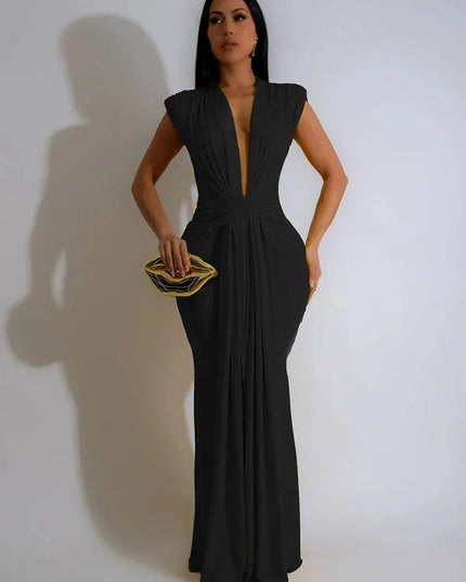 Elegant Ruched Bodycon Maxi Dresses for Women Birthday Night Party Evening Prom Deep V-neck Sheath Celebrity Formal Long Dress