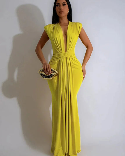 Elegant Ruched Bodycon Maxi Dresses for Women Birthday Night Party Evening Prom Deep V-neck Sheath Celebrity Formal Long Dress