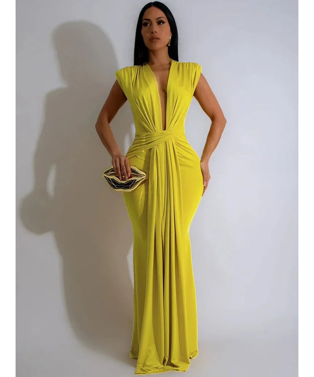 Elegant Ruched Bodycon Maxi Dresses for Women Birthday Night Party Evening Prom Deep V-neck Sheath Celebrity Formal Long Dress