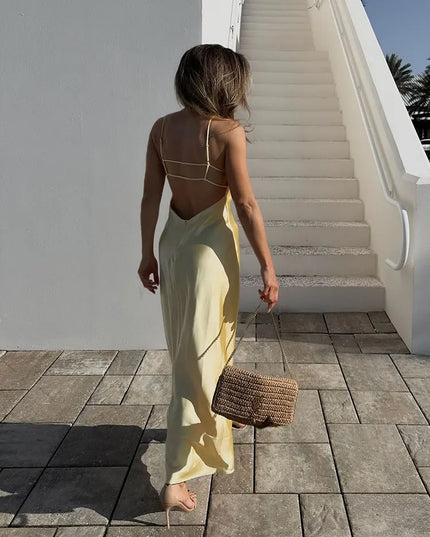 HH Pink Stain Sling Dresses Women Elegant V Neck Sleeveless Backless Slim Long Dress 2025 Summer Lady Party Holiday Dress