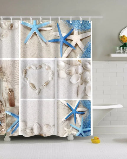 Seaside Scenic Beach Shells Shower Curtains Starfish Conch Blue Board Palm Trees Sunset Nature Scenery Bathroom Curtain Decor