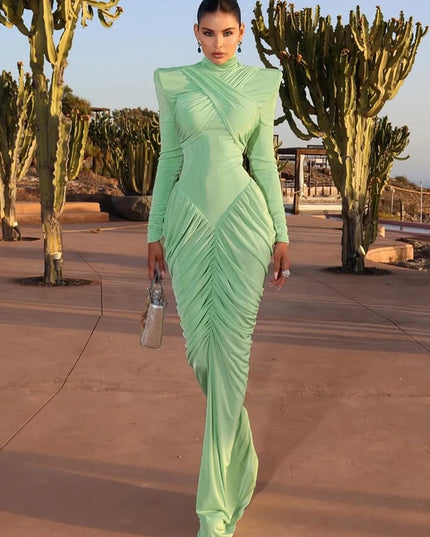 Weird Puss Autumn New Style Maxi Dress Women Turtleneck Full Sleeve Backless Skinny Stretch  Prom Party Ruched Elegant Vestidos