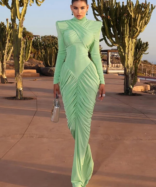 Weird Puss Autumn New Style Maxi Dress Women Turtleneck Full Sleeve Backless Skinny Stretch  Prom Party Ruched Elegant Vestidos