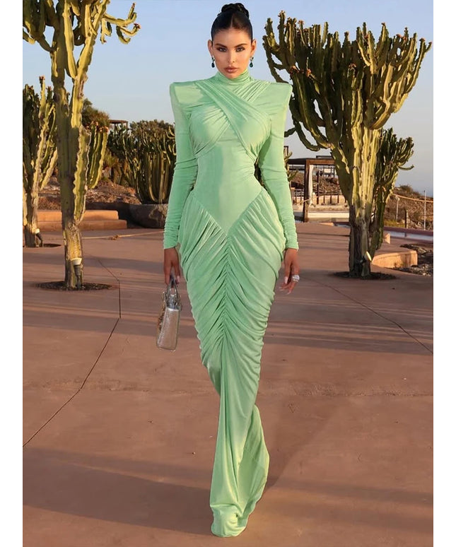 Weird Puss Autumn New Style Maxi Dress Women Turtleneck Full Sleeve Backless Skinny Stretch  Prom Party Ruched Elegant Vestidos