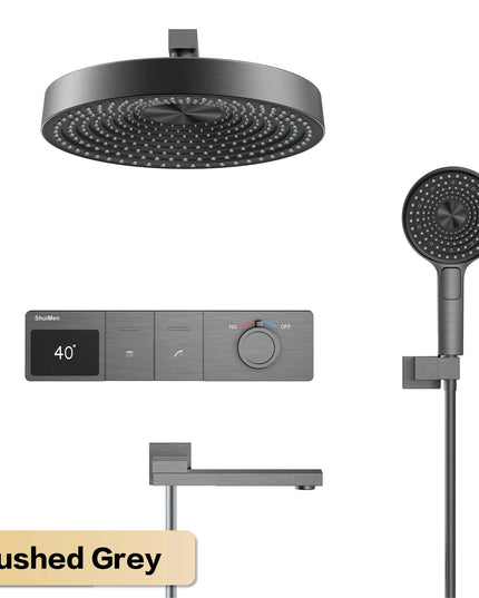 Luxury gun gray brass LED digital display shower system with wall mounted design, simple bathroom faucet for hot and cold water