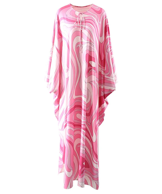 Elegant Loose Robe Dresses Autumn Women Colorful Striped Printing Fashion Batwing Sleeve Party Vacation Casual Vestidos