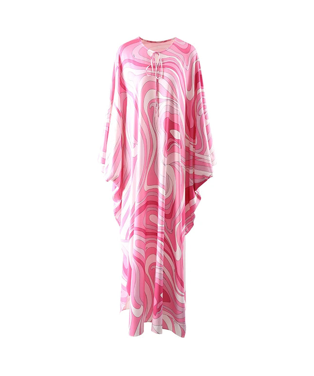 Elegant Loose Robe Dresses Autumn Women Colorful Striped Printing Fashion Batwing Sleeve Party Vacation Casual Vestidos