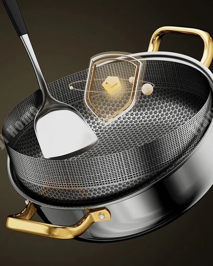 30cm Stainless Steel Frying Pan Non-stick Soup Pot wok with lid Home Honeycomb Induction Cooker Gas Stove Stew Kitchen Cookware