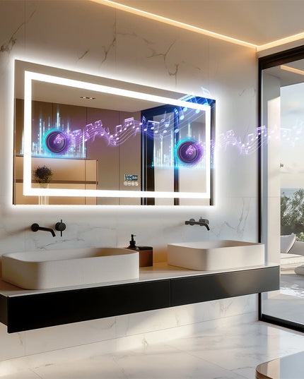 LUVODI Large Illuminated Bluetooth Bathroom Mirror Rectangle Anti-fog LED Bathroom Vanity Mirror with Bluetooth Speaker 3 Color