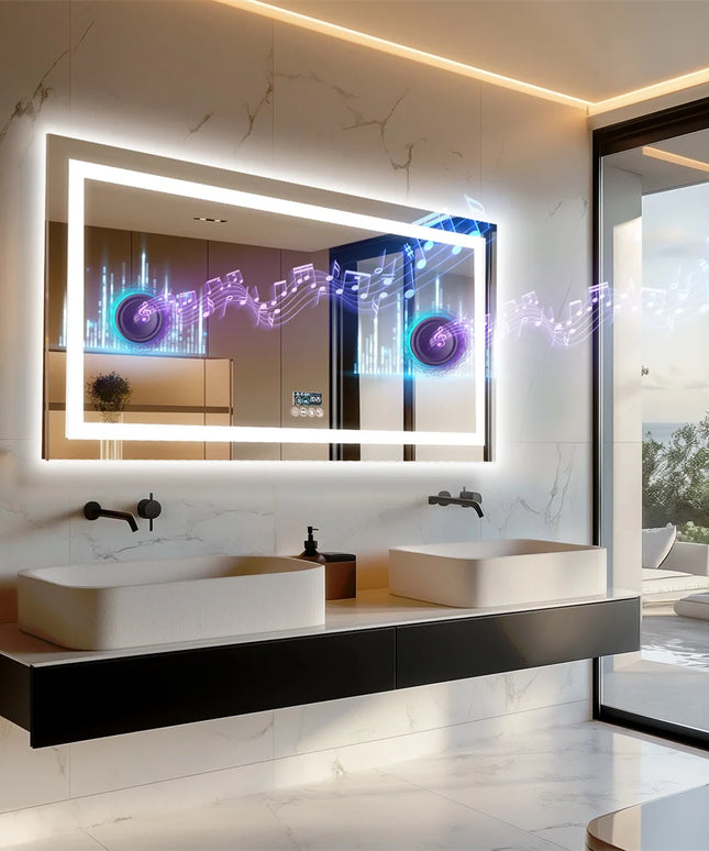 LUVODI Large Illuminated Bluetooth Bathroom Mirror Rectangle Anti-fog LED Bathroom Vanity Mirror with Bluetooth Speaker 3 Color