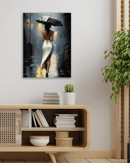 [Elegant Style] Romantic Rainy Night Canvas Art with Wooden Frame–Elegant Umbrella Street Scene, Perfect for Living Room,Bedroom