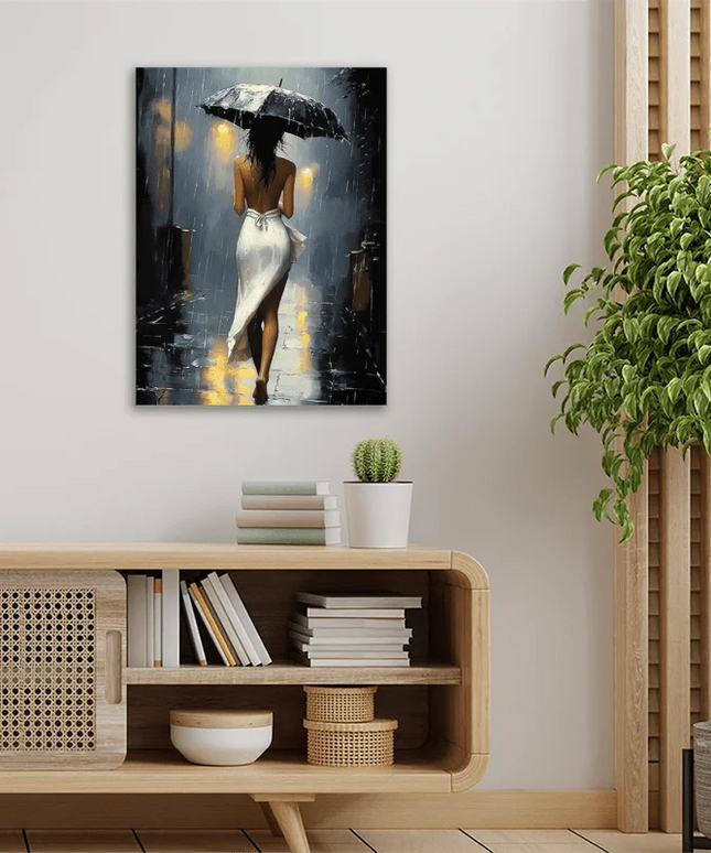 [Elegant Style] Romantic Rainy Night Canvas Art with Wooden Frame–Elegant Umbrella Street Scene, Perfect for Living Room,Bedroom
