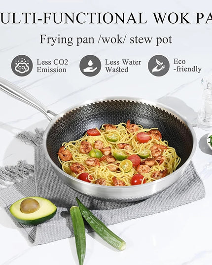 316 Stainless Steel Wok Pan Nonstick Honeycomb Wok Pan Large Deep Stir Frying Pan Skillet With Handle Induction Compatible JT560