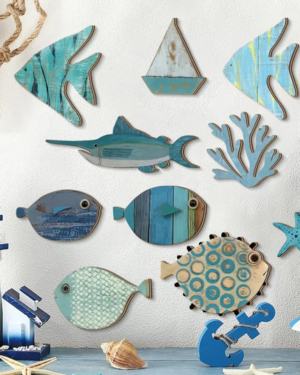 Handcrafted Wooden Ocean Wall Decor - Fish, Coral, Starfish & Sailboat Set for Home/Bathroom, Coastal Style Art