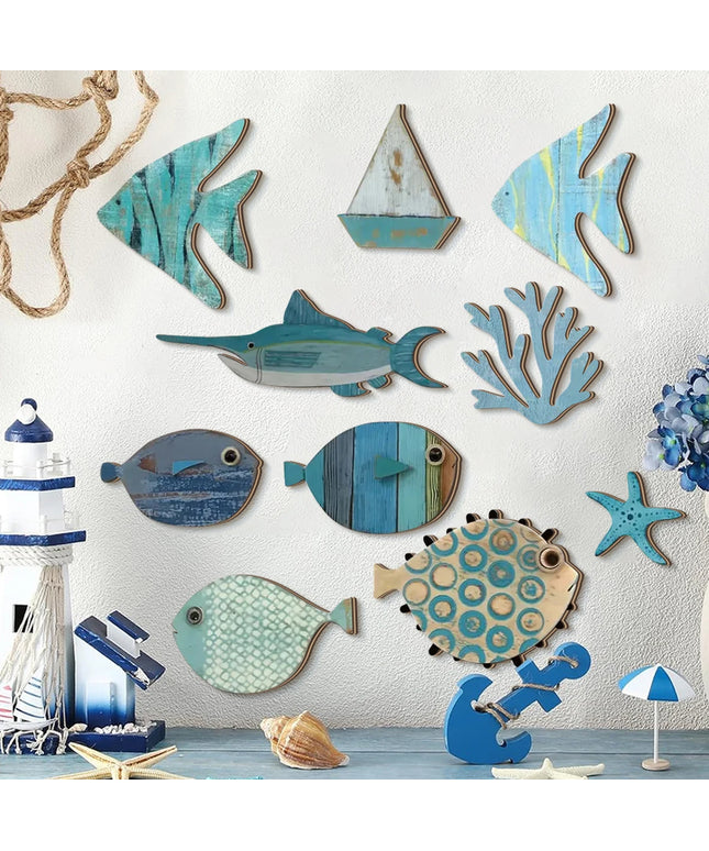 Handcrafted Wooden Ocean Wall Decor - Fish, Coral, Starfish & Sailboat Set for Home/Bathroom, Coastal Style Art