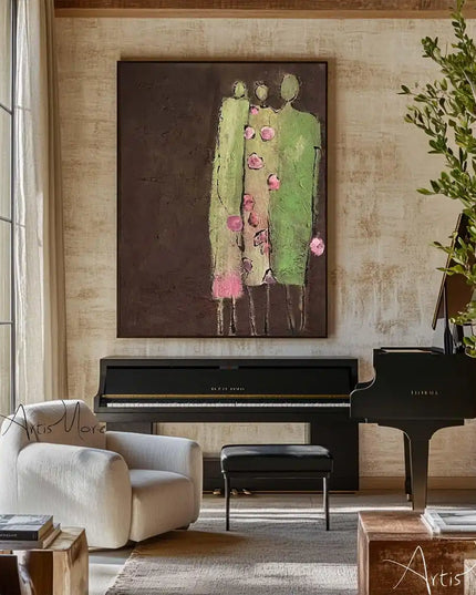 Mhemyo Abstract Woman Figure Handmade Painting Large Brown Green Texture Painting Vintage Abstract People Art Wabi Sabi Wall Art
