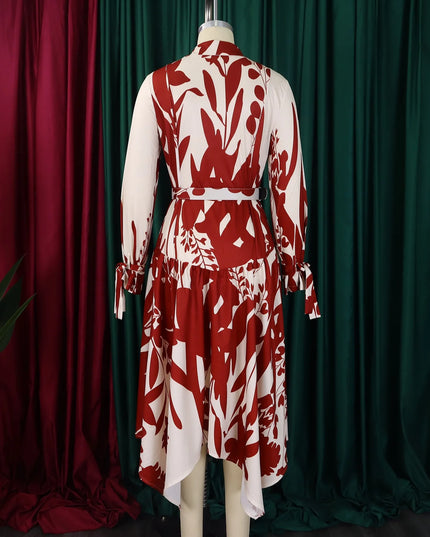 Elegant Printed Dresses Woman 2024 Turn Down Collar Single Breasted Full Sleeve Asymmetric Ankle Length Fashion Birthday Dress