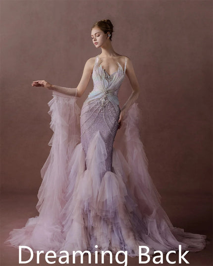 Customized  Temperament  Pink Tulle Homecoming Dress Luxury Strapless Detachable Sleeve  Beading Backless  Vestido De Noche