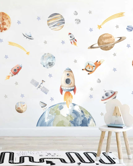 Watercolor Solar System Space Wall Sticker Baby Nurery Kids Room  Planets Rockets Stars Moon Wall Decal Bedroom Playroom Decor