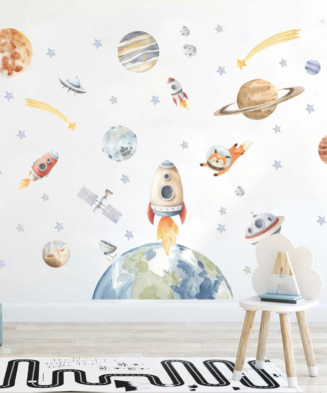 Watercolor Solar System Space Wall Sticker Baby Nurery Kids Room  Planets Rockets Stars Moon Wall Decal Bedroom Playroom Decor