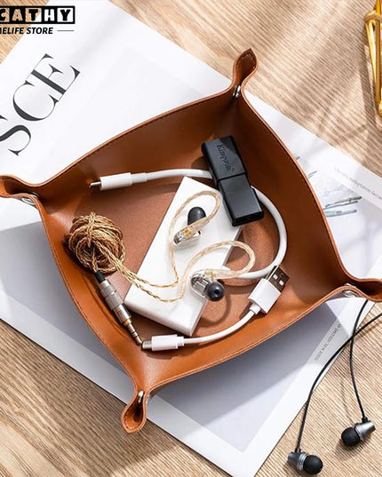 Leather Tray Foldable Table Catchall Storage Box Jewelry Key Coin Desk Top Organizer Entryway Nightstand Home Office Decoration