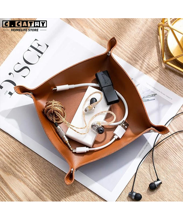 Leather Tray Foldable Table Catchall Storage Box Jewelry Key Coin Desk Top Organizer Entryway Nightstand Home Office Decoration