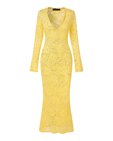 ZANZEA Women's Sexy Tight Clubbing Party Dresses Deep-V Neck Long Sleeve See-Through Lace Bodycon Long Dress Plus Size 5XL