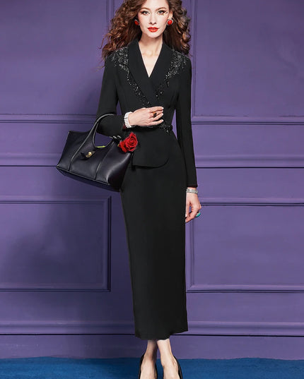 ZJYT Elegant Autumn Luxury Beading Tassel Red Formal Party Evening Dresses Women 2025 Long Sleeve Plus Size Office Work Wear