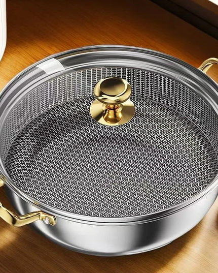 30cm Stainless Steel Frying Pan Non-stick Soup Pot wok with lid Home Honeycomb Induction Cooker Gas Stove Stew Kitchen Cookware