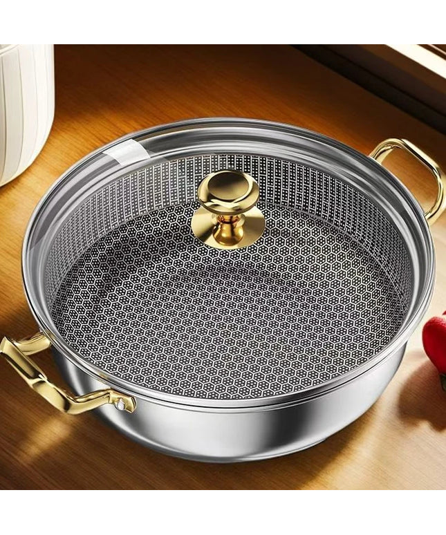 30cm Stainless Steel Frying Pan Non-stick Soup Pot wok with lid Home Honeycomb Induction Cooker Gas Stove Stew Kitchen Cookware