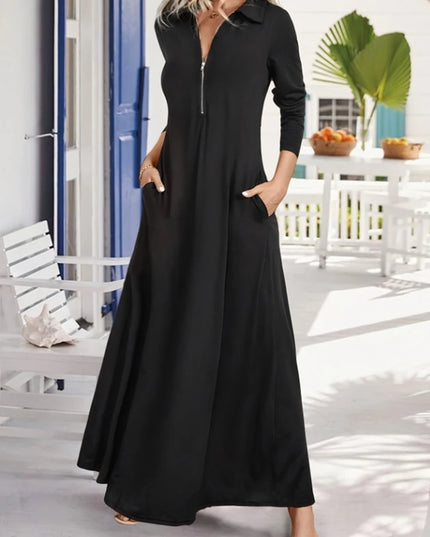 ﻿ Women's Elegant Solid Maxi Dress Fashion Simple Long Skirt 2025 Spring Autumn Slim Long Sleeves Shirt Dresses With Pockets