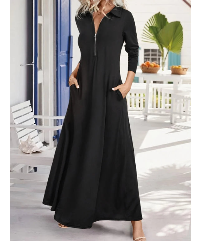 ﻿ Women's Elegant Solid Maxi Dress Fashion Simple Long Skirt 2025 Spring Autumn Slim Long Sleeves Shirt Dresses With Pockets
