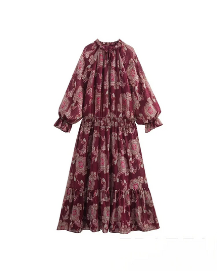 KONDALA Vintage Red Flower Print Chiffon Long Dress Long Sleeve O Neck Ruffles Loose Dress Fashion 2025 Spring Autumn Boho Dress