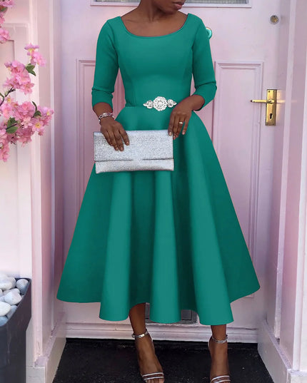 Elegant Party Dress for Woman 2024 Modern O Neck Three Quarter Sleeve High Waisted A Line Mid Calf Birthday Dinner Wedding Cloth